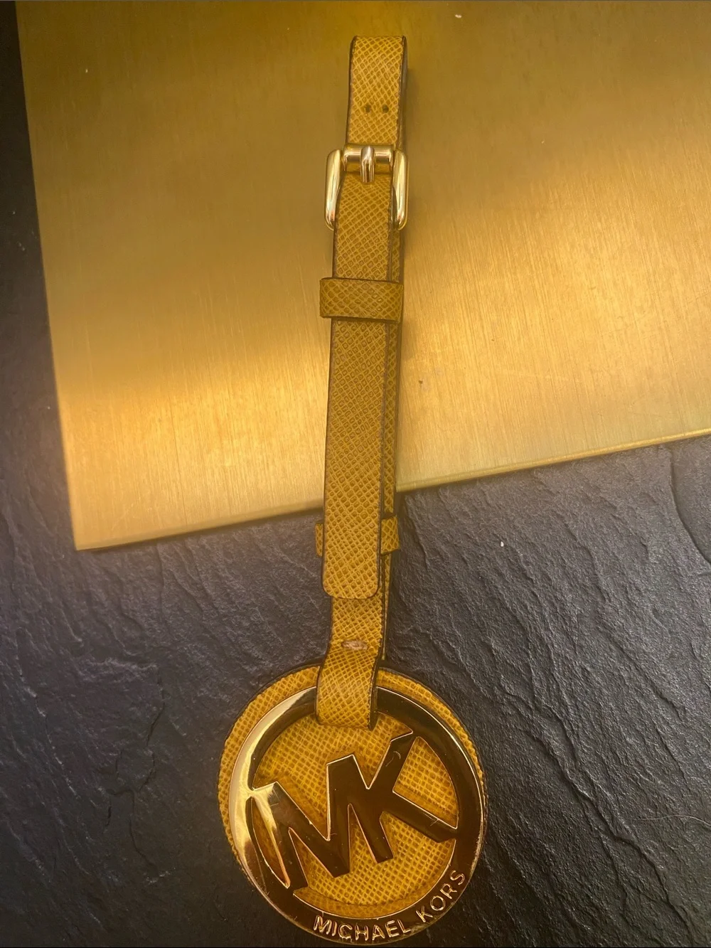 Michael Kors Tan/Brown MK Round Luggage Tag with Gold Accent